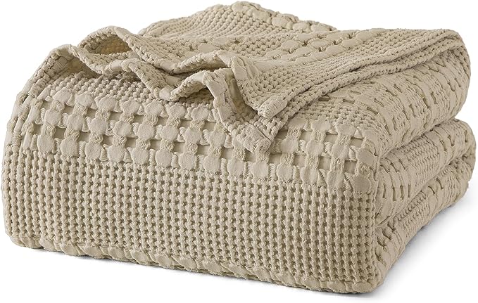 PHF 100% Cotton Waffle Weave Blanket King Size, Soft Lightweight Breathable Cozy Summer Blankets for Bed, Luxury Aesthetic Woven Bedding for Home Decor, 108"x90", Khaki