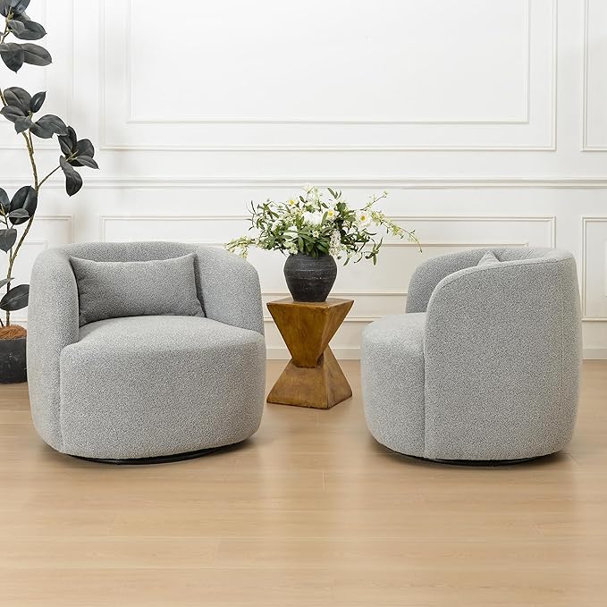 KINWELL 34" Wide Sherpa Swivel Barrel Chairs Set of 2, No Assembly Round Boucle Upholstered Accent Chairs Armchairs Single Sofa Chair with Toss Pillow for Living Room and Bedroom, Gray