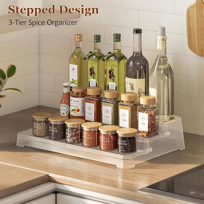 MUDEELA 2 Pack 3 Tier Spice Rack Organizer for Cabinet 11.6-Inch Spice Organization for Pantry, Non-Skid Spice Shelf with Protection Railing, Versatile Seasoning Organizer for Kitchen Counter