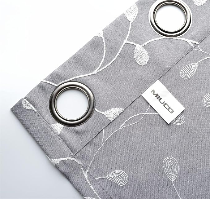 MIUCO Floral Embroidered Semi Sheer Curtains Faux Linen Grommet Curtain Panels for Bedroom 52 x 95 Inch 2 Panels, Grey