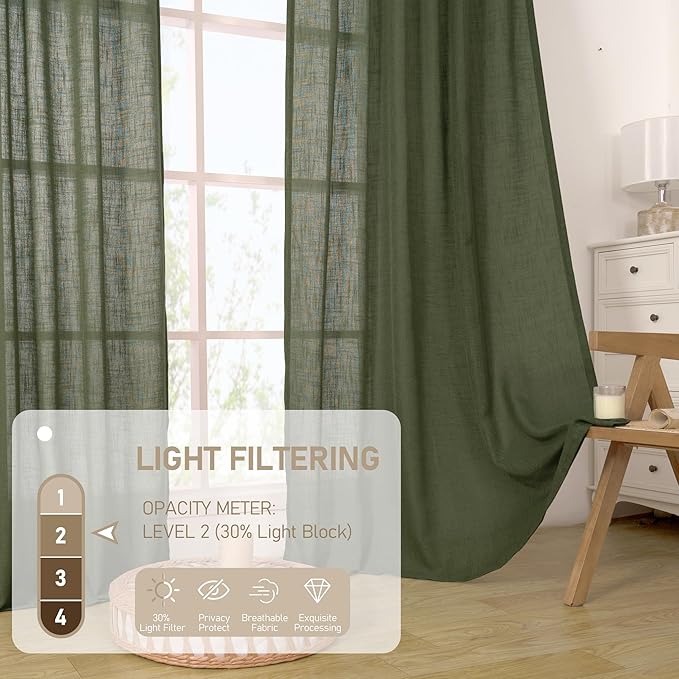 LAMIT Small Linen Curtains 30 Inch Length, Semi Sheer Short Window Curtains Light Filtering Christmas Panels with Bronze Grommet for Basement, Olive Green, 2 Panels, 34 x 30 Inch