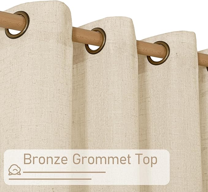 LAMIT Natural Linen Semi Sheer Curtains 48 Inch for Short Windows, Light Filtering Curtains Farmhouse Boho Bronze Grommet Drapes for Kitchen/Loft Room, 2 Panels (34 x 48 Inch, Linen)