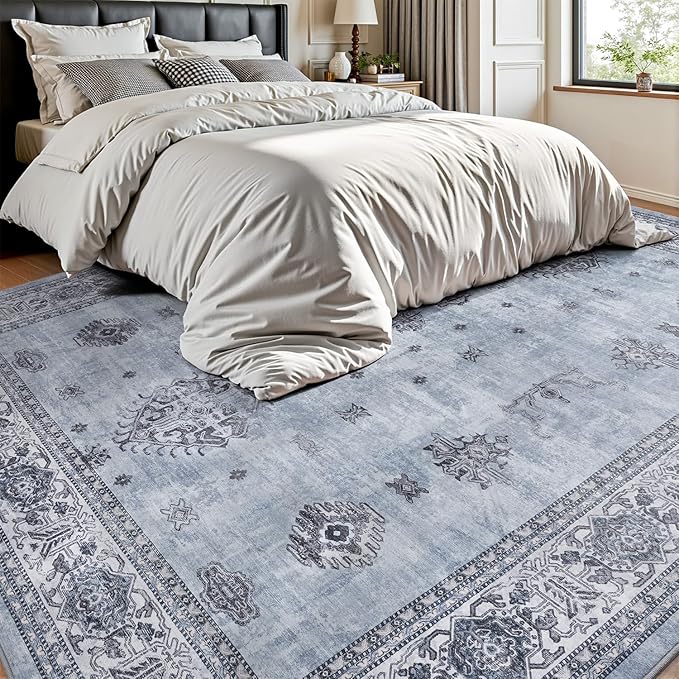 AMOAMI-Vintage Area Rug 6X9 Blue Rugs for Living Room-Soft Living Room Rug Non Slip Rugs for Bedroom Carpet Machine Washable Rug for Dining Room Bedside Office Room Decor
