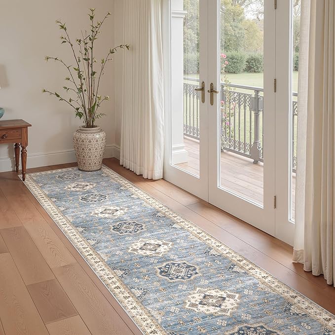 Washable 2.6x14 Runner Rug - Area Rugs Neutral Vintage Distressed Floral Farmhouse Boho Large Soft Floor Rug Indoor Carpet for Hallway Entryway Home - Blue