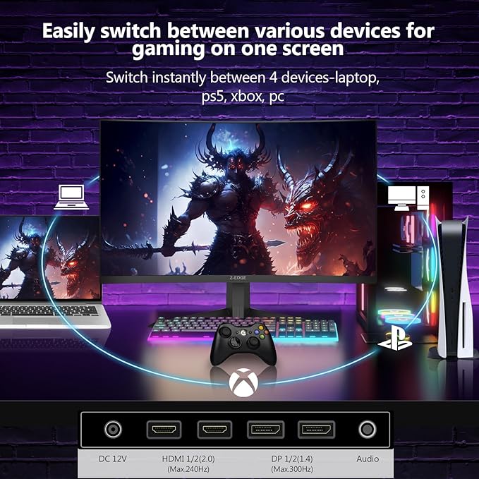 Z-Edge 27 inch Curved Gaming Monitor, FHD 1080P 300Hz 280Hz 240Hz Curved Monitor 1500R Computer Monitor, MPRT 1ms Monitor, 16.7M Colors, UG27S 2X DP 1.4 Ports and 2X HDMI 2.0 Ports
