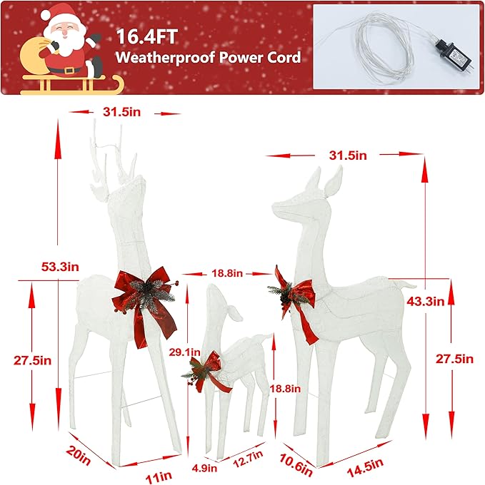 4.5FT Lighted Reindeer Family Set for Christmas Decoration, 3 Pieces Pre-Lit Iridescent Deer Xmas Decor with 200 LED Lights, 3D Glittered Standing Holiday Display for Outdoor, Indoor, White