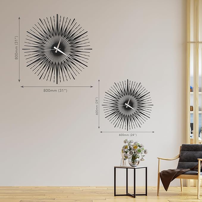 Sun Rays Wall Clock, Large Metal Decorative Wall Clock, Modern Minimalist Wall Decor (Silver, Medium)