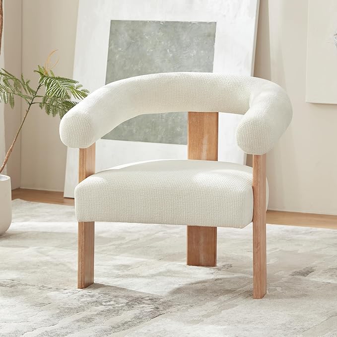 VKNOW Accent Chairs Set of 2, Modern Upholstered Living Room Chair Armchair with Solid Wood Legs, Comfy Barrel Arm Chairs for Living Room Bedroom, Cream
