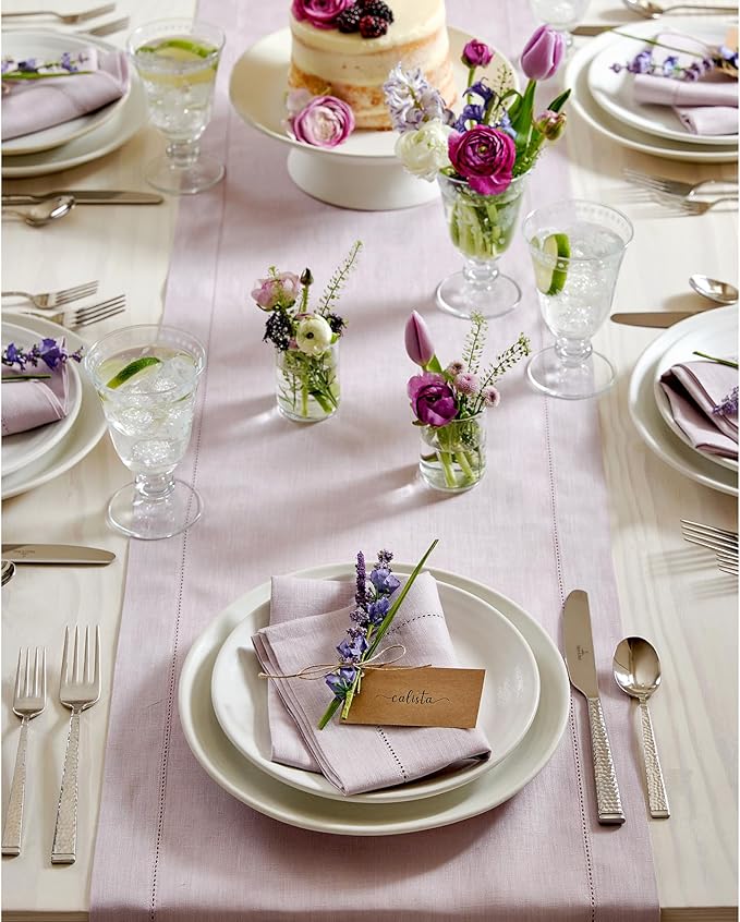 Solino Home Linen Lilac Table Runner 144 Inches Long - 100% Pure Linen Extra Long Table Runner 14 x 144 Inch - Classic Hemstitch