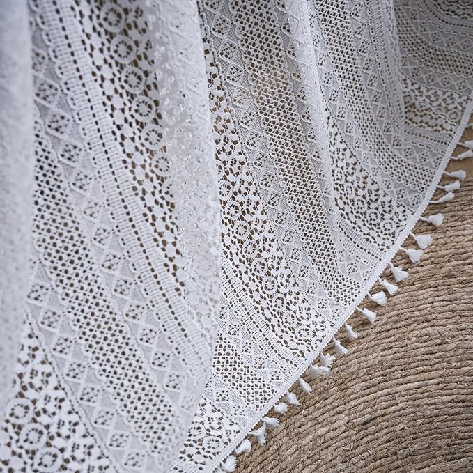 Sutuo Home Cream White Crochet Boho Curtain 84 Inches Length, Sheer Lace Handmade Tassels Knitted Window Treatment Vintage Rustic Bohemian Farmhouse Drape for Bedroom Rod Pocket 1 Panel 59" W x 84" L