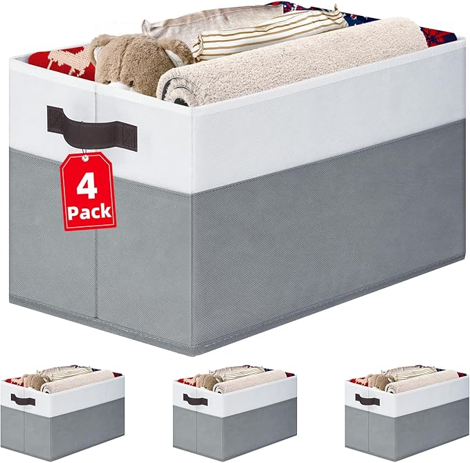 Criusia 4 Pack Large Storage Baskets for Shelves | Fabric Closet Organizers and Storage Bins with Handles Home Organization | Decorative Collapsible Baskets for Organizing Clothes Toy Nursery 14"x10"