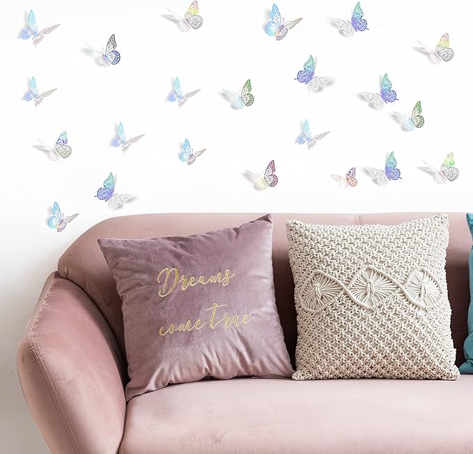 SAOROPEB 3D Butterfly Wall Decor - 48 Pcs, 4 Styles, 3 Sizes - Removable Stickers (Laser)