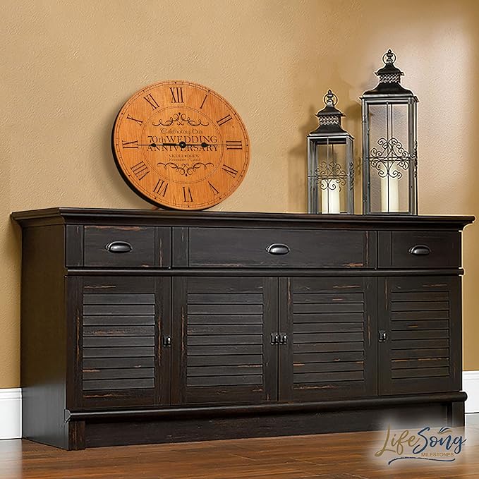 LifeSong Milestones Personalized 70th Anniversary Engraved Cherry Wall or Desktop Clock for Living Room Bedroom, Kitchen, Office, New Home, Couples Gift 12 Inch Diameter (Celebrating Our)