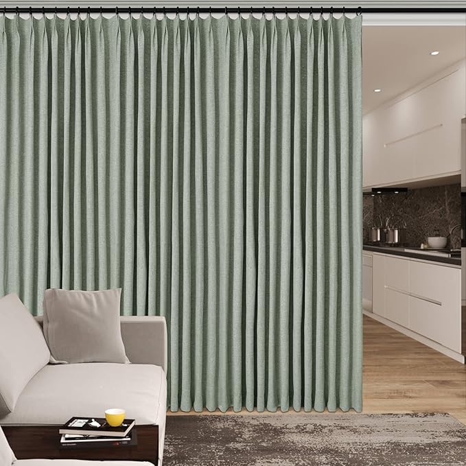 120" Wx108 L Linen Room Divider Drapes for Doorway/Glass Window/Sliding Door/Patio, Extra Wide Pinch Pleated Full Blackout Curtains for Girls Boys Teen Kids Room, 1 Panel, Fog Green