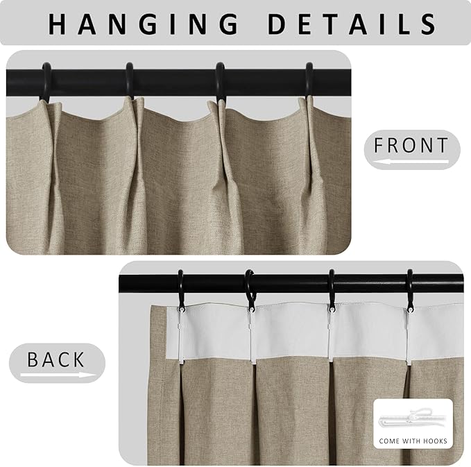 Macochico Extra Wide 100% Blackout Linen Curtains for Sliding Door Pleated Curtains with Hooks Insulated Soft Linen Drapes for Bedroom Living Room with Tieback Light Khaki 100”Wx84”L 1 Panel