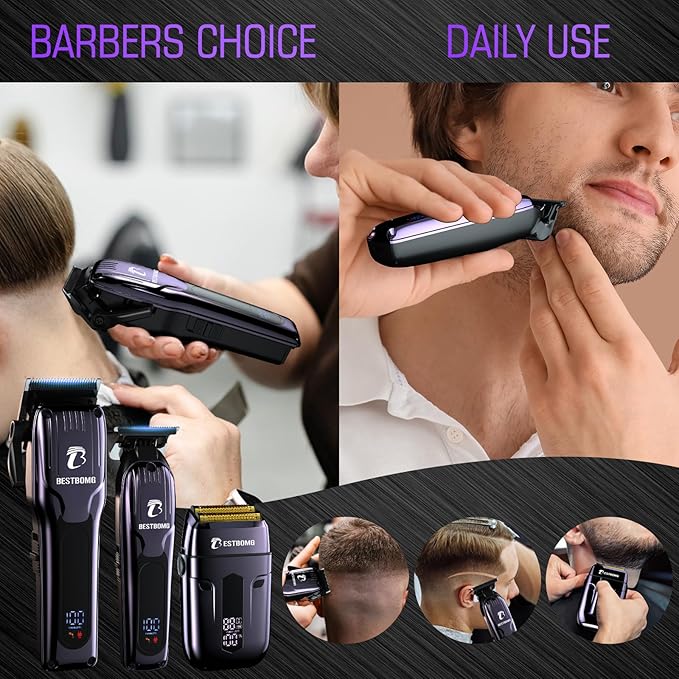 BESTBOMG® Hair Clippers for Men, Professional Hair Clippers, Beard Trimmer& Rechargeable Shaver Set, Metal T-Blade, LED Display, Barber Hair Cutting Kit for Men Grooming & Gifts, BS-808C (Blue)