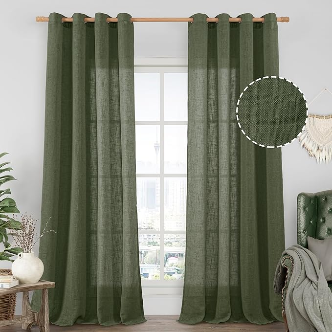 LAMIT Long Linen Curtains 2 Panels Set for Living Room, 108 inches Long Light Filtering Bronze Grommet Window Textured Neutral Sheer Drapes for Bedroom French Door, 52 x 108 Inch, Olive Green