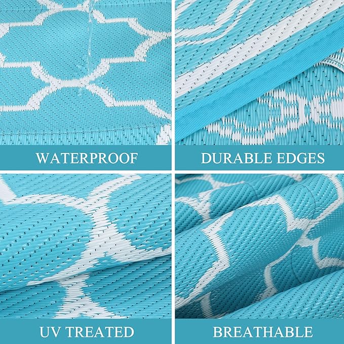 GAOMON Outdoor Plastic Straw Rug, 10'x14' Reversible Sage Green Patio Mat, Flower Modern Design for RV, Backyard, Deck, Camping, Picnic, Teal/White(Geometric)