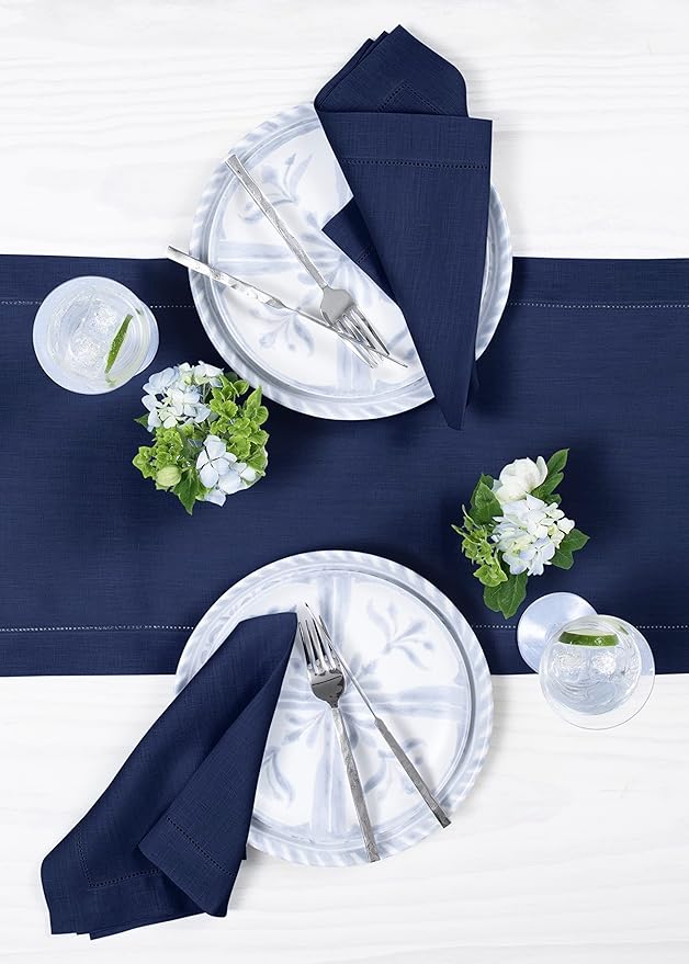 Solino Home Linen Navy Table Runner 36 Inches - Classic Hemstitch, 100% Pure Linen Coffee Table Runner 14 x 36 Inch Ideal for Dresser Tables - Fall, Autumn, Halloween, Thanksgiving