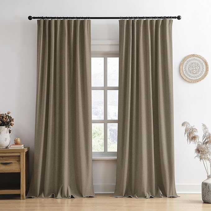70 Inch Wide Blackout Curtains 2 Panels Set,Back Tab Pleated Curtains Hidden Tab with Hooks,Energy Efficinet Linen Blend Drapes for Dining Room Living Room Hoom Office 70x84 Length Linen Brown