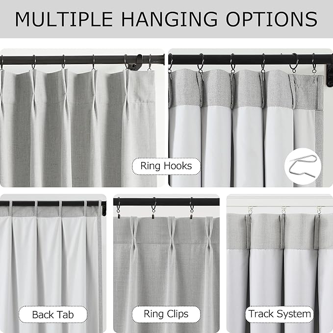 Vision Home Light Gray Pinch Pleated Full Blackout Curtains Linen Blended Room Darkening Curtain Panels 112 inch for Living Room Bedroom Thermal Insulated Pinch Pleat Drapes with Hooks 40" Wx112 Lx2