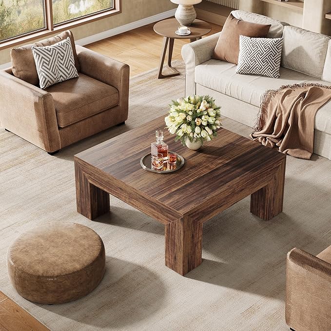 Tribesigns 39.4-Inch Square Coffee Table for Living Room, Farmhouse All MDF Accent Center Cocktail Table with Sturdy Wooden Legs, Easy Assembly, Dark Brown