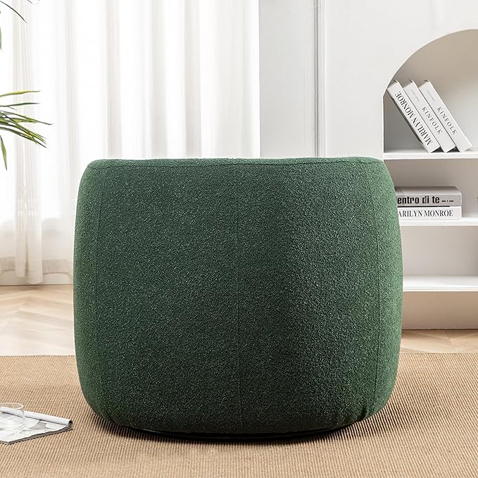 KINWELL 34" Wide Boucle Swivel Barrel Chair, No Assembly Round Upholstered Armchair Accent Chair Single Sofa Chair with Toss Pillow for Living Room and Bedroom, Green