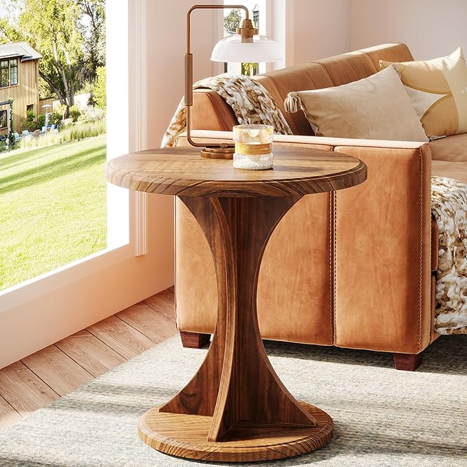 Tribesigns Round End Table for Living Room, Wood Side Table Set of 2, Mid-Century Bedside Nightstand for Bedroom, Accent Table, Easy Assembly, Vintage Brown