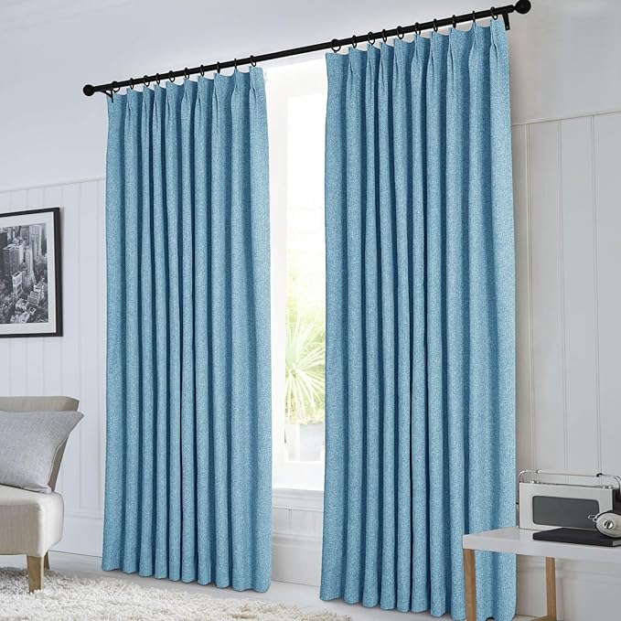 Macochico Extra Wide 100% Blackout Linen Curtains for Sliding Door Pleated Curtains with Hooks Insulated Soft Linen Drapes for Bedroom Living Room with Tieback Blue 100”Wx84”L 1 Panel