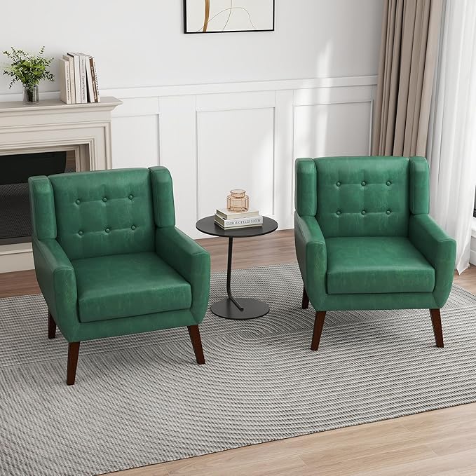 UIXE PU Leather Accent Chairs Set of 2, Modern Arm Club Chair Upholstered Armchair for Living Room, Comfy Single Sofa Seats Button Tufted Reading Seating, Green