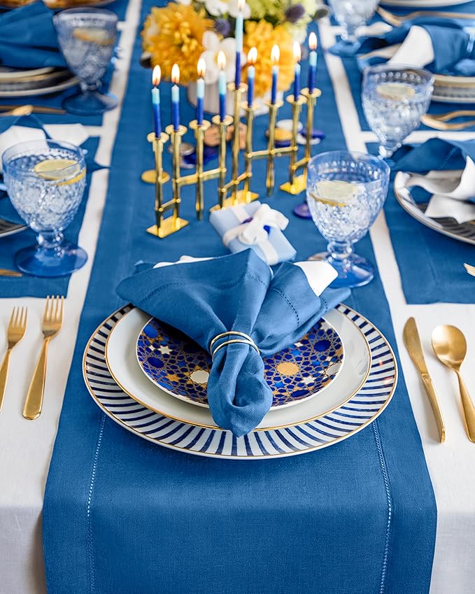 Solino Home Linen Table Runner 108 Inches Long - 100% Pure Linen Indigo Blue Table Runner 14 x 108 Inch for Fall, Autumn - Classic Hemstitch
