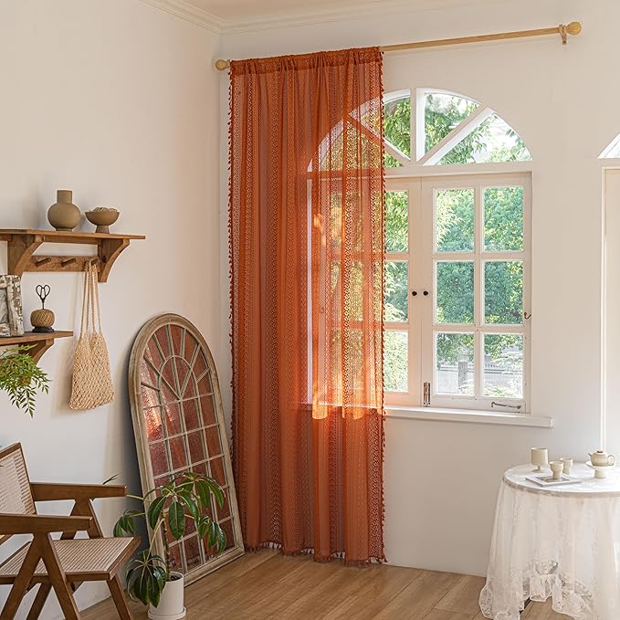 Sutuo Home Burnt Orange Boho Curtains 102 inches Long for Bedroom Dining Room, Crochet Lace Sheer Bohemian Tassels Hollow Knitted,Window Treatment Drapes Fall Decor, Rod Pocket 1 Panel 59" W x 102" L