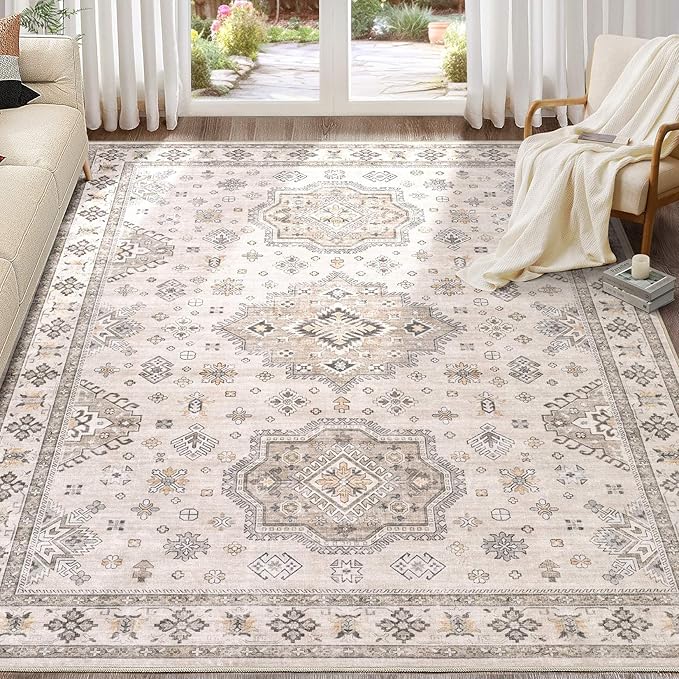 Washable Area Rugs for Living Room -10x12 Neutral Vintage Distressed Floral Farmhouse Boho Large Soft Floor Rug Indoor Non Slip Carpet for Living Room Bedroom Dining Room Office-Beige Brown