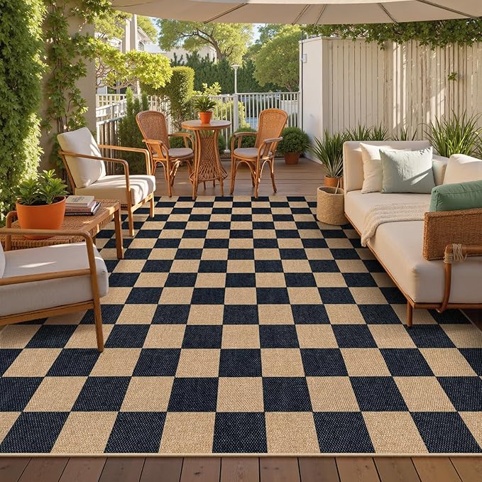 Lahome Checkered Easy Jute 8x10 Rug, Washable Rugs for Living Room Office, Farmhouse Neutral Non Slip Non Shedding Stain Resistance Indoor Outdoor Carpet for Balcony Patio Classroom