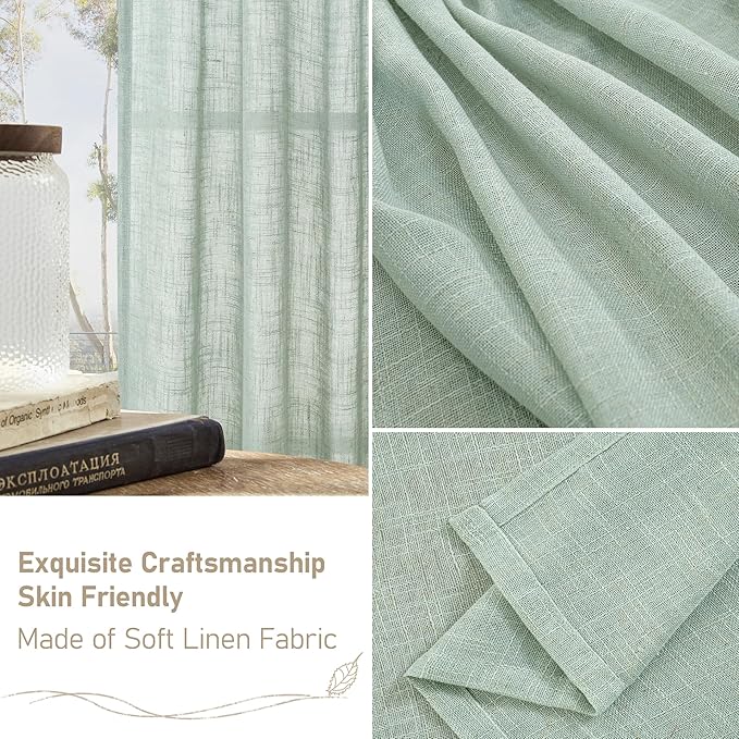LAMIT Light Sage Linen Curtains 45 Inches Long for Bedroom, Semi Sheer Light Filtering Panels Bronze Grommet Neutral Drapes for Kitchen/Window/Bedroom, 2 Panels Set, 52 x 45 Inch