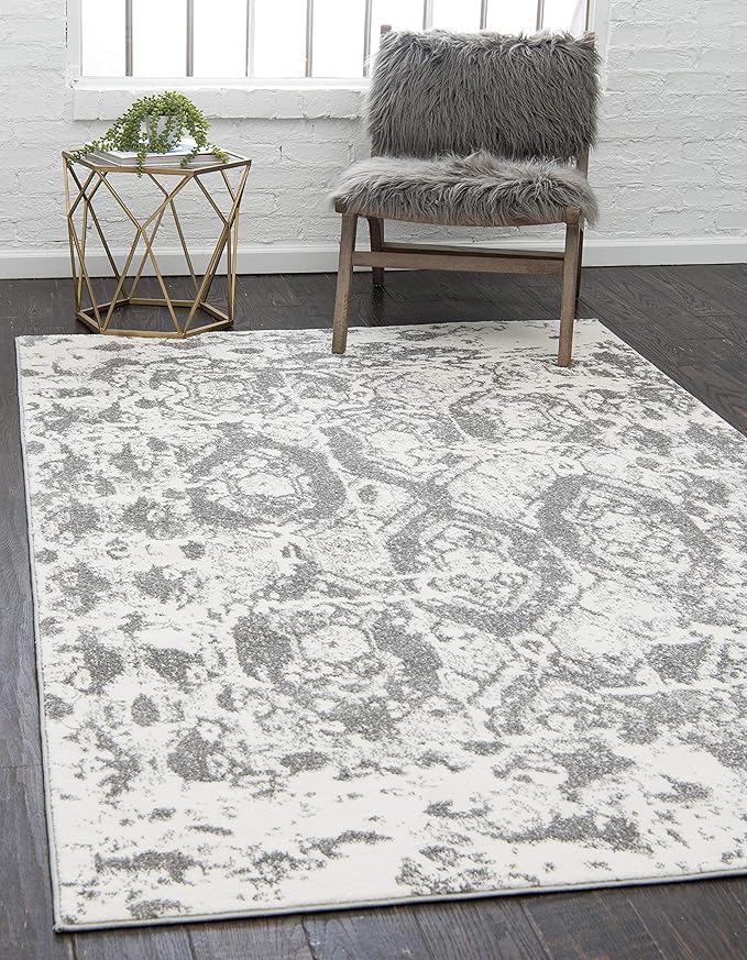 Unique Loom Rosso Collection Vintage, Geometric, Bohemian, Traditional, Distressed, Southwestern Area Rug, Rectangular 4' 0" x 6' 0", Light Gray/Ivory