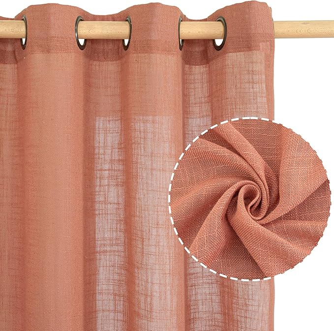 LAMIT Extra Long Linen Curtains 108 inch Long for Living Room, Light Filtering Bronze Grommet Window Textured Semi Sheer Drapes for Bedroom Farmhouse, 2 Panels, 52 x 108 Inch, Terracotta