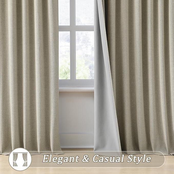 RAIN CITY Light Taupe Blackout Linen Blend Curtains 2 Panels,70 Wide Back Tab Pinch Pleated Look Window Drapes with Hooks,Track System Curtain Panels for Sliding Door Modern Farmhouse 70x90 Inch