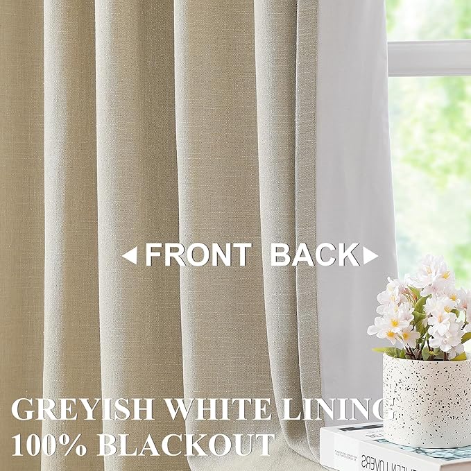 Vision Home Sand Pinch Pleated Full Blackout Curtains Linen Blended Room Darkening Window Curtains 95 inch for Living Room Bedroom Thermal Insulated Pinch Pleat Drapes with Hooks 2 Panel 40" Wx95 L