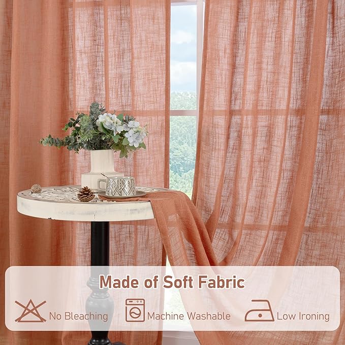LAMIT Terracotta Linen Curtains 84 Inch Length 2 Panels for Living Room, Light Filtering Boho Window Treatments Semi Sheer Neutral Thick Drapes with Bronze Grommet for Bedroom/Farmhouse, 52 X 84 Inch
