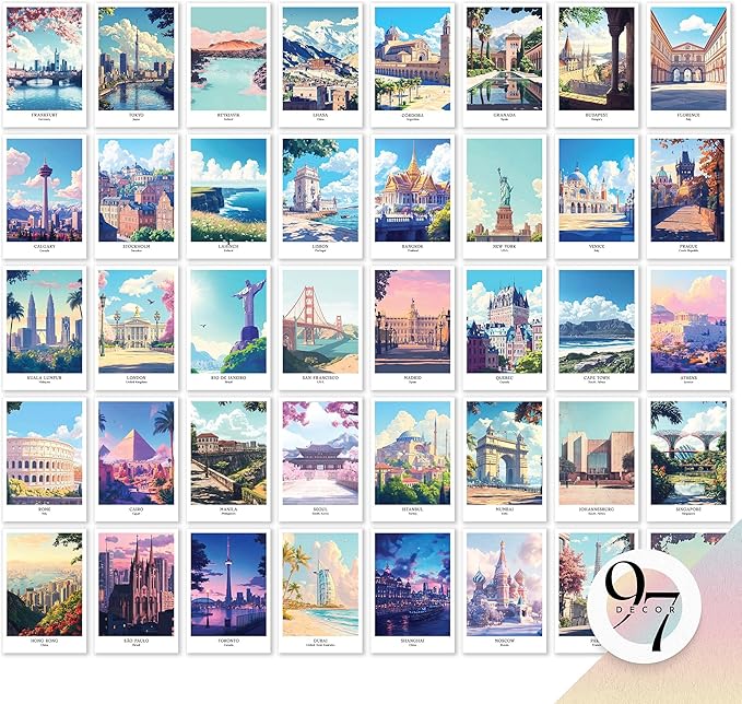 97 Decor Vintage Travel Posters Wall Art - Retro Travel Decor For Home, Travel Art Prints For Wall Decor, Around World Travel Collage Destination Pictures Famous City Artwork For Classroom (4x6)