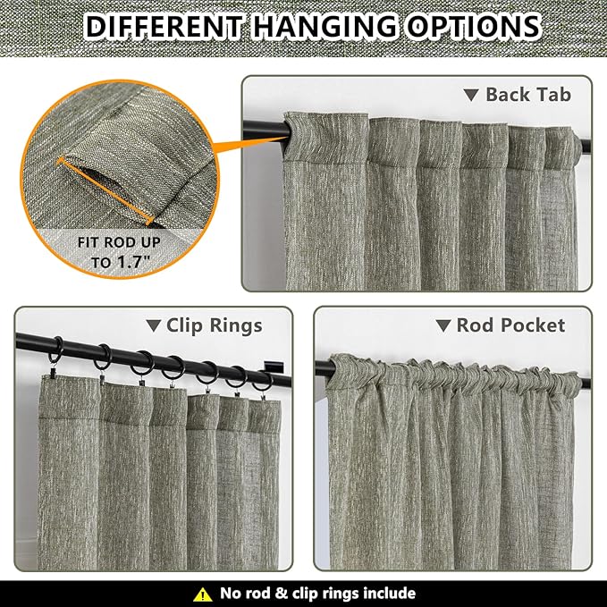 MYSKY HOME Short Curtains for Bedroom Semi Sheer Light Filtering Privacy Drapes for Small Window Linen Look Textured Boho Home Decor Backdrop Curtain for Parties, 50" x 63", Olive Green, 2 Panels