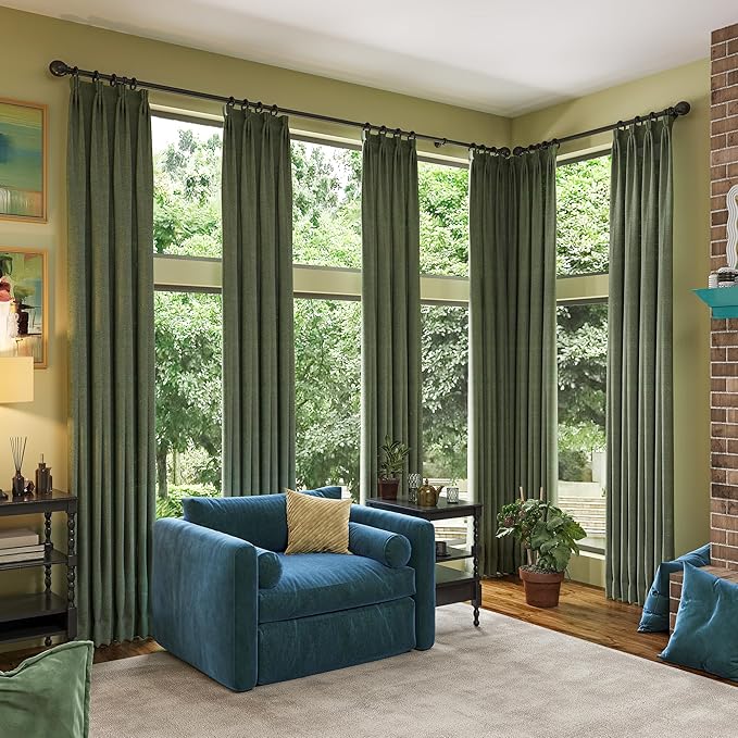 RAIN CITY 90 Inch Long Linen Blackout Curtains 2 Panels Set, Back Tab Pinch Pleated with Hooks, Thermal Insulated Modern Neutral Decor Window Curtain Drapes for Bedroom,- Loden/Olive Forest W50 x L90