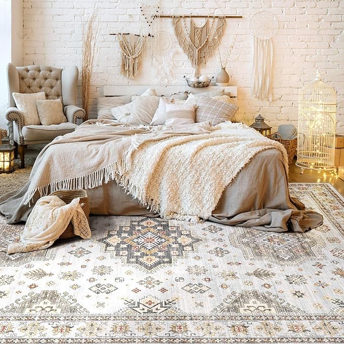 Washable Area Rugs for Living Room -10x13 Neutral Vintage Distressed Floral Farmhouse Boho Large Soft Floor Rug Indoor Non Slip Carpet for Living Room Bedroom Dining Room Office-Blue Brown