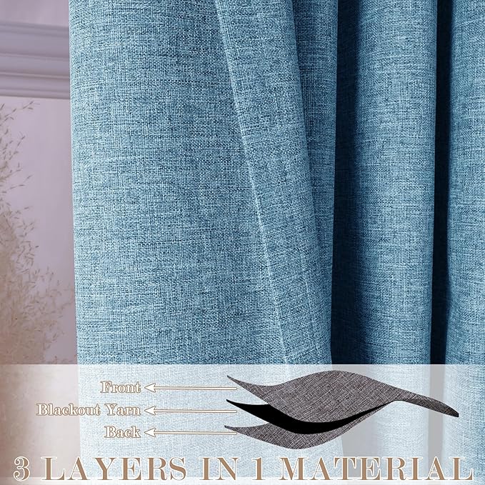 Blue Pinch Pleat 100% Blackout Drapes Linen Blend, Room Divider, Room Darkening, Energy Saving, Furniture Protecting, Light Blocking Extra Wide Privacy Curtains, 200Wx108L, 1 PC