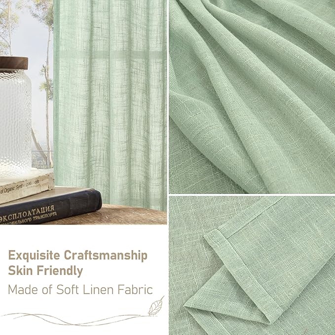 LAMIT Fresh Green Linen Curtains 72 Inch Length for Living Room, Soft Thick Linen Textured Window Drapes Semi Sheer Light Filtering Bronze Grommet Panels Rustic Country Decor, 2 Panels, 52 x 72 Inch