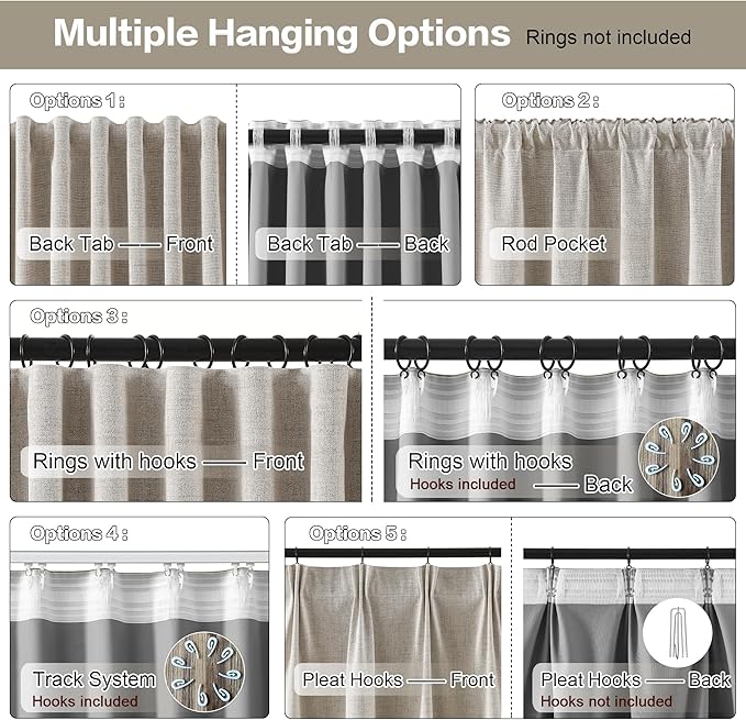 RAIN CITY Linen Blackout Curtains 120 Inches Long 2 Panels,Thermal Rustic Country Curtains for Living Room Large Window Back Tab Pleated Heading Tape with Hooks, Beige 50x120-in,10FT Tall