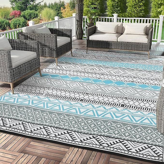 GAOMON Outdoor Plastic Straw Rug, 10'x14' Reversible Sage Green Patio Mat, Flower Modern Design for RV, Backyard, Deck, Camping, Picnic, Blue/Grey(Bohemia)