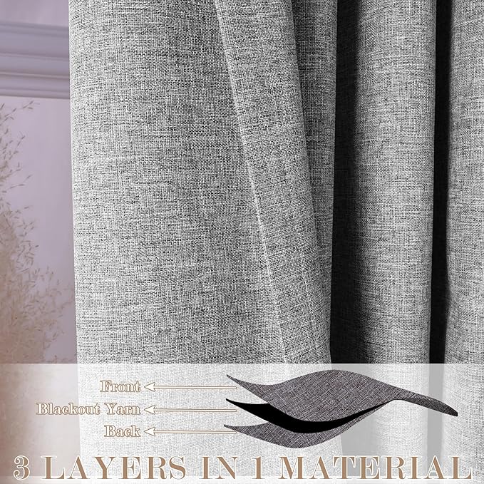 Extra Wide 100% Blackout Linen Textured Curtains - Room Dividers, W200 x L96 (1 Panel), Pinch Pleat Drapes for Living Room, Full Light Block Out Drapery for Sliding Door, Light Grey