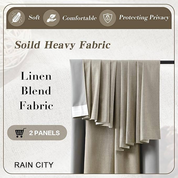 RAIN CITY 104 Inch Long Blackout Curtains for Living Room,Full Light Blocking Linen Blend Curtains with Hooks,Pinch Pleat Look Curtains for Office Bedroom Apartment,2 Panels,Taupe